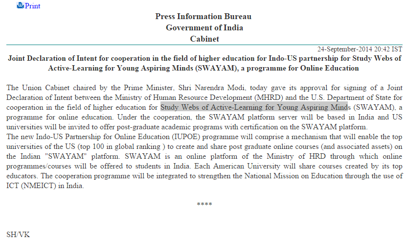 Joint Declaration of Intent for cooperation in the field of higher education for Indo-US partnership for SWAYAM